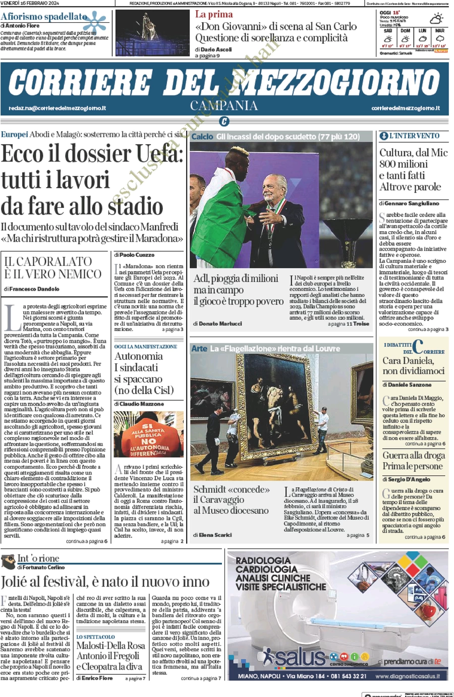 prima pagina - Corriere del Mezzogiorno (Campania) del 16/02/2024