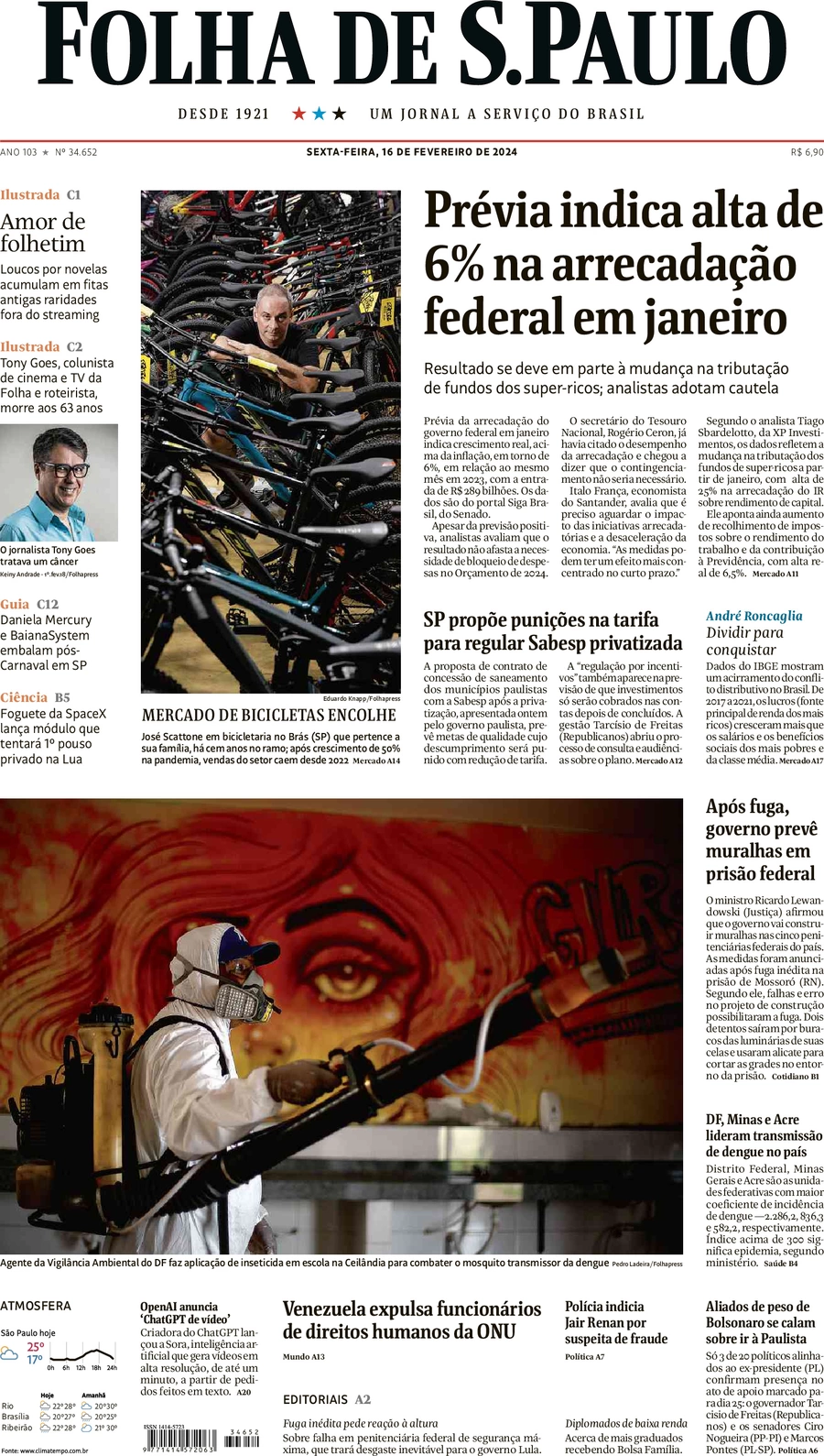 anteprima della prima pagina di folha-de-s.paulo del 16/02/2024