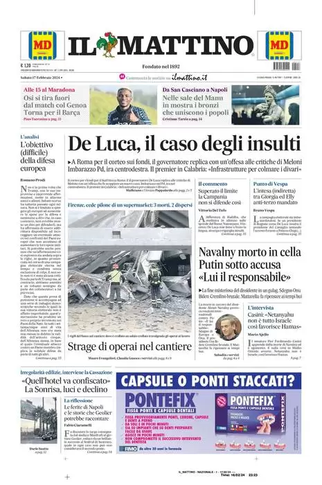 anteprima della prima pagina di il-mattino del 16/02/2024