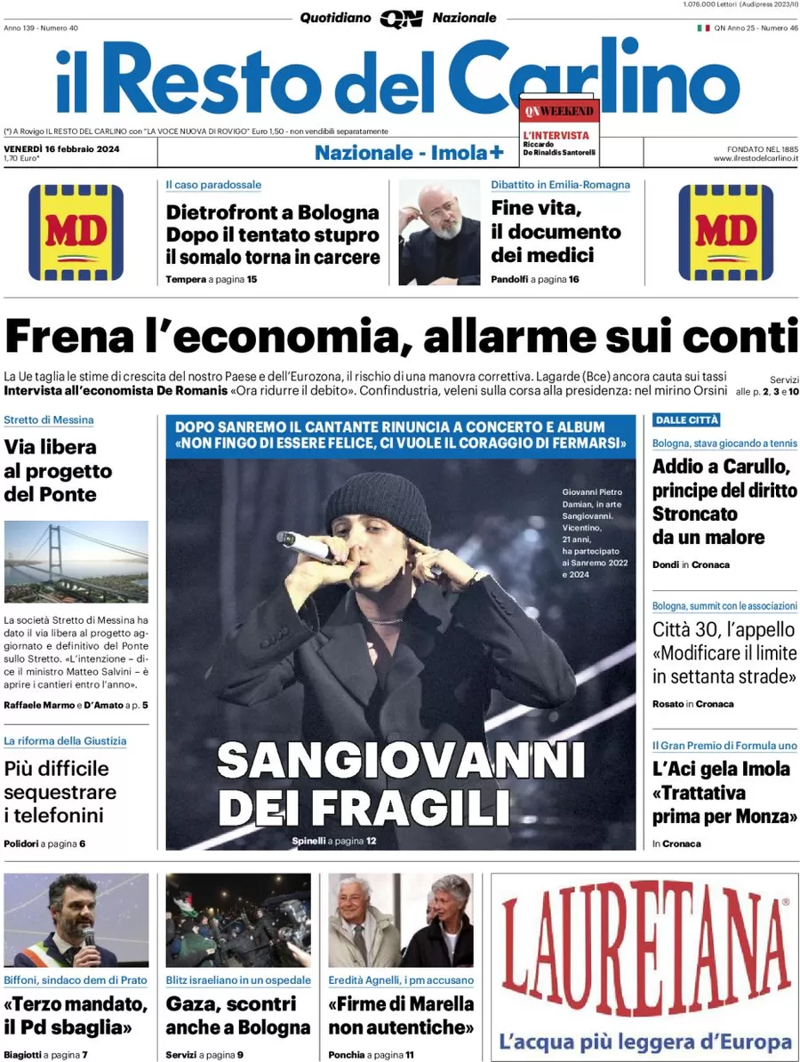 anteprima della prima pagina di il-resto-del-carlino del 16/02/2024