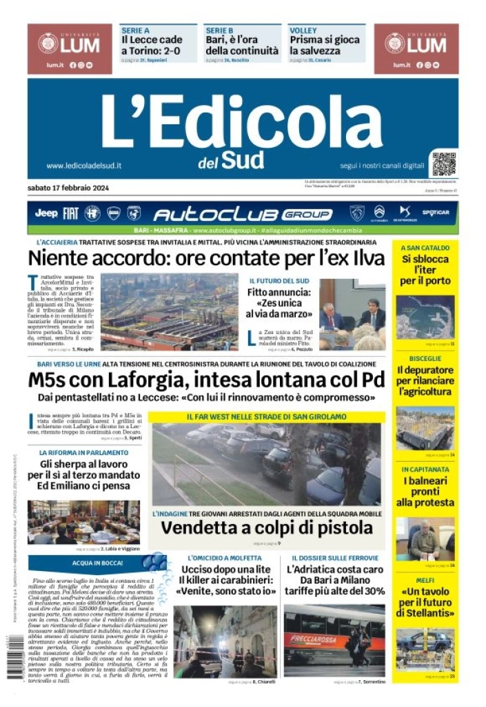 prima pagina - L'Edicola del Sud (Bari, Foggia, Basilicata) del 17/02/2024