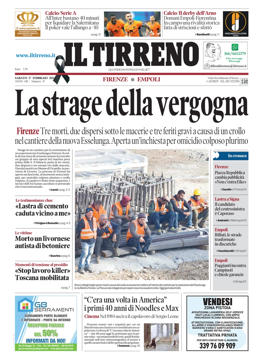 prima pagina - Il Tirreno (Firenze, Empoli) del 17/02/2024