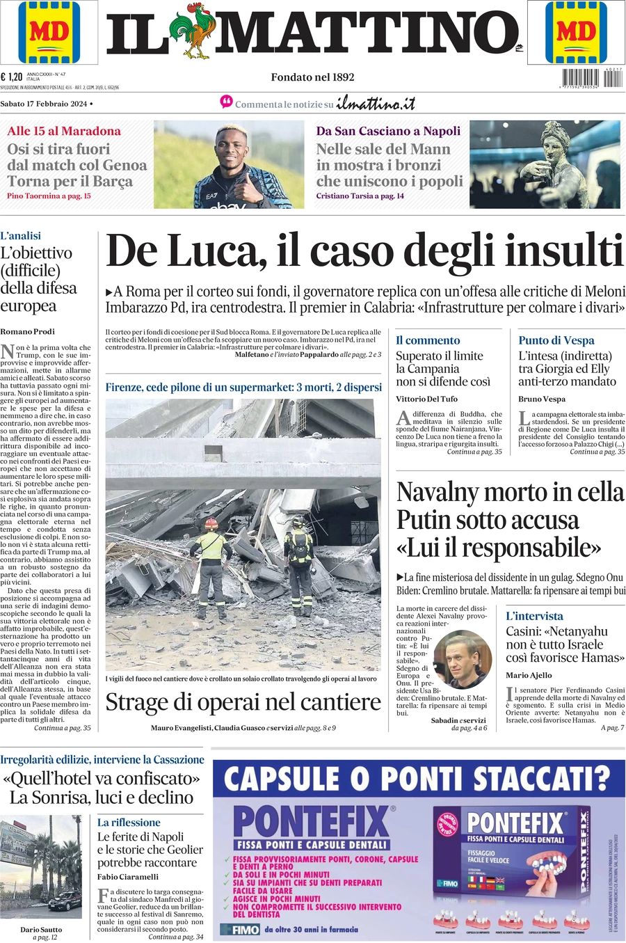 anteprima della prima pagina di il-mattino del 17/02/2024