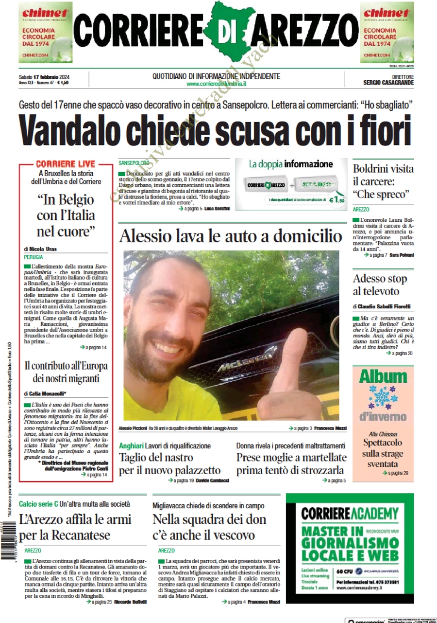prima pagina - Corriere di Arezzo del 17/02/2024