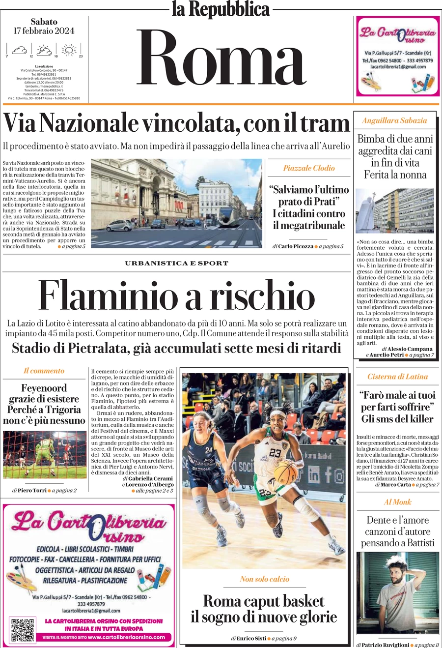 prima pagina - La Repubblica (Roma) del 17/02/2024