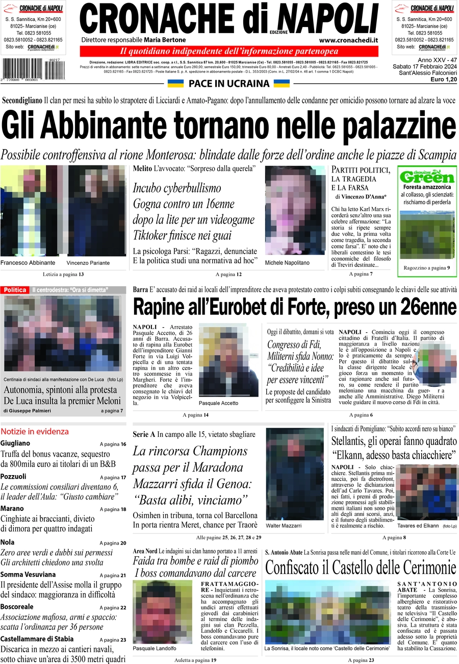 anteprima della prima pagina di cronache-di-napoli del 17/02/2024