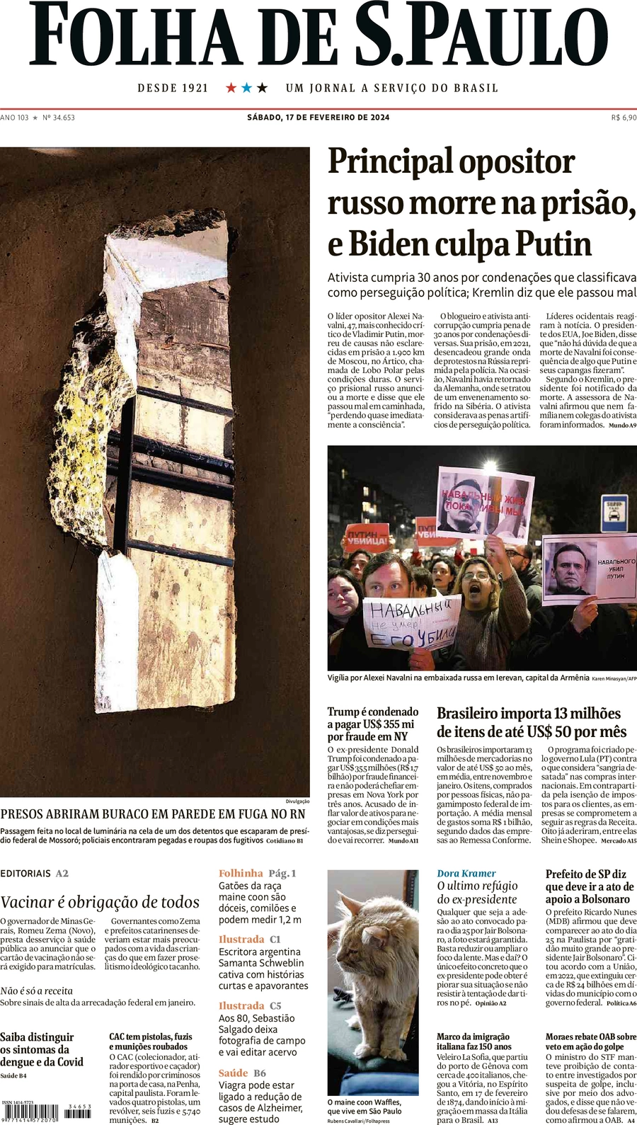 anteprima della prima pagina di folha-de-s.paulo del 17/02/2024