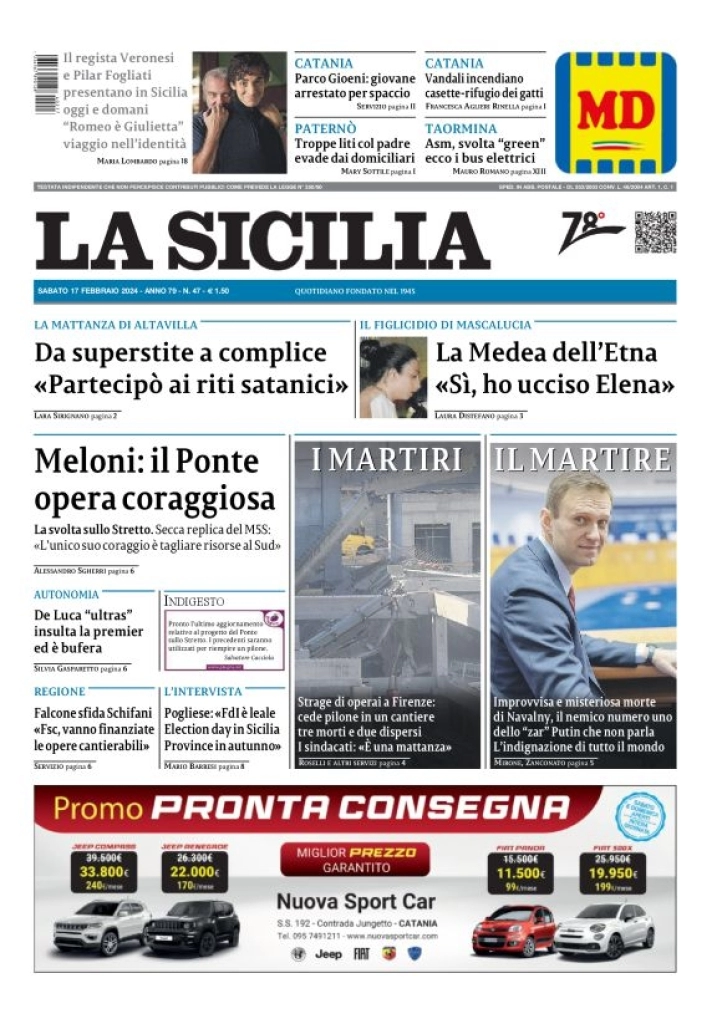 prima pagina - La Sicilia del 17/02/2024