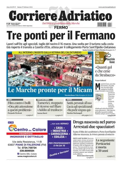 prima pagina - Corriere Adriatico (Fermo) del 17/02/2024