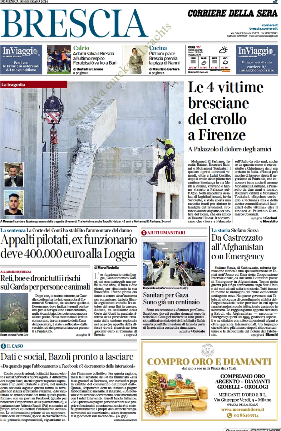 prima pagina - Corriere della Sera (Brescia) del 18/02/2024