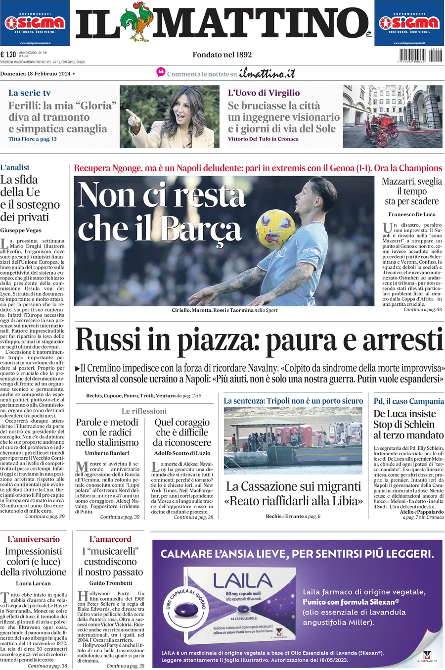 anteprima della prima pagina di il-mattino del 18/02/2024