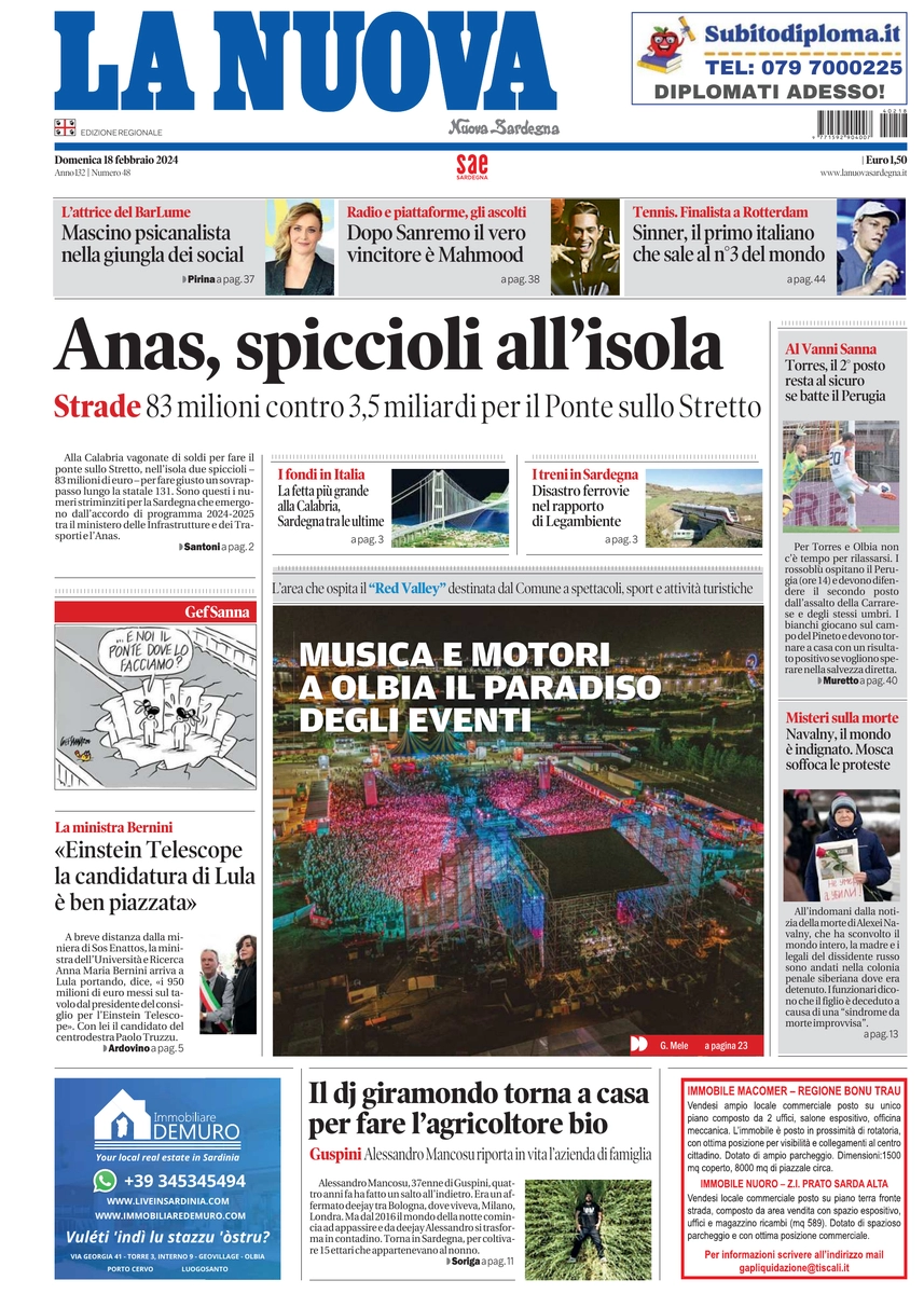 prima pagina - La Nuova Sardegna del 18/02/2024