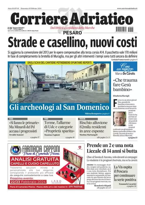 prima pagina - Corriere Adriatico (Pesaro) del 18/02/2024