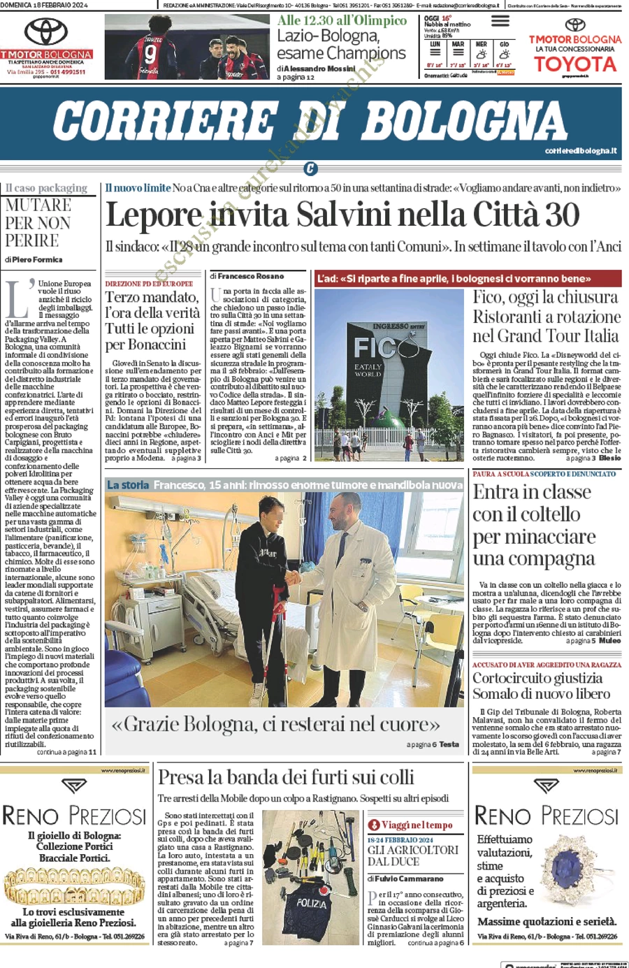 prima pagina - Corriere di Bologna del 18/02/2024