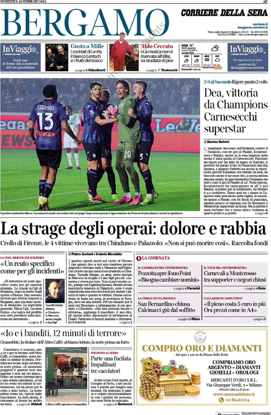 prima pagina - Corriere della Sera (Bergamo) del 18/02/2024