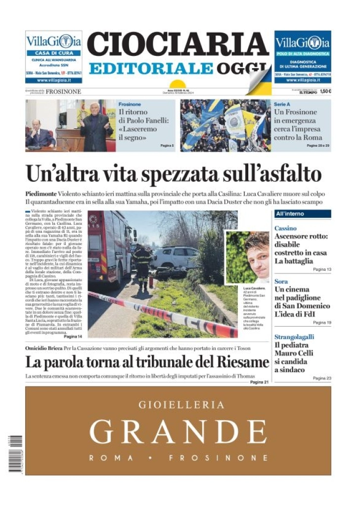 prima pagina - Ciociaria Editoriale Oggi del 18/02/2024