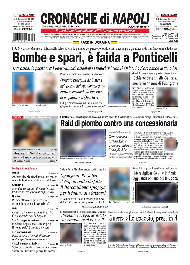 anteprima della prima pagina di cronache-di-napoli del 18/02/2024