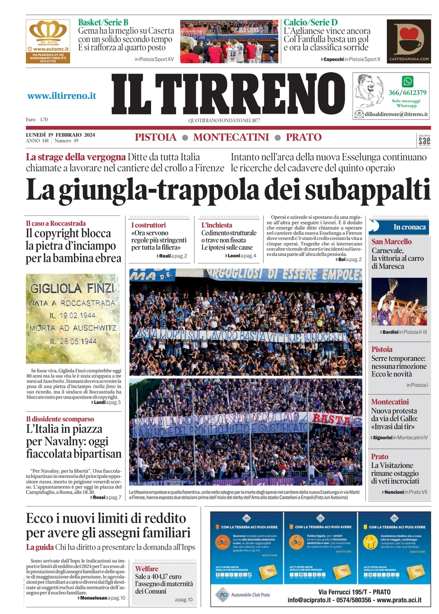 prima pagina - Il Tirreno (Pistoia, Montecatini, Prato) del 19/02/2024