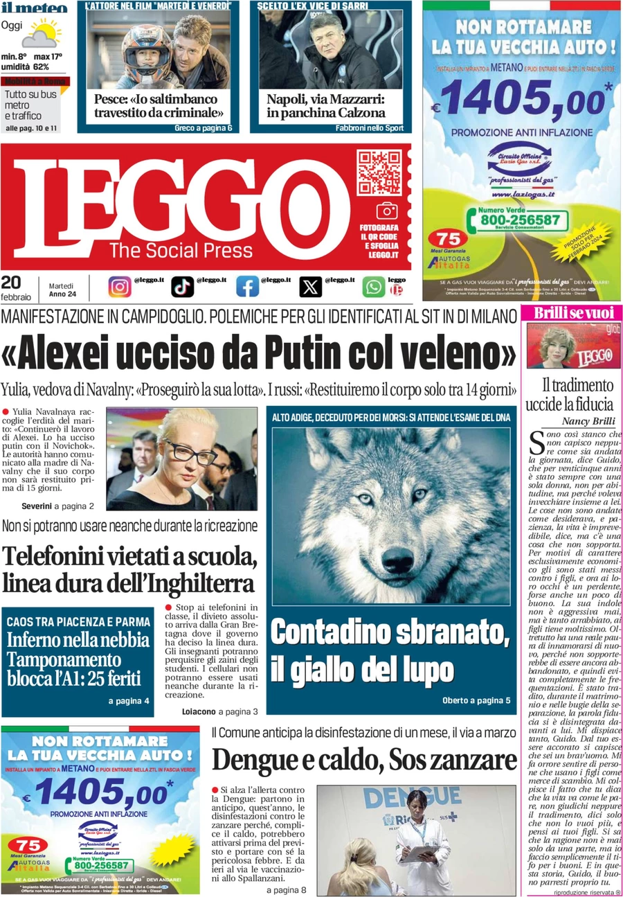 anteprima della prima pagina di leggo-roma del 19/02/2024