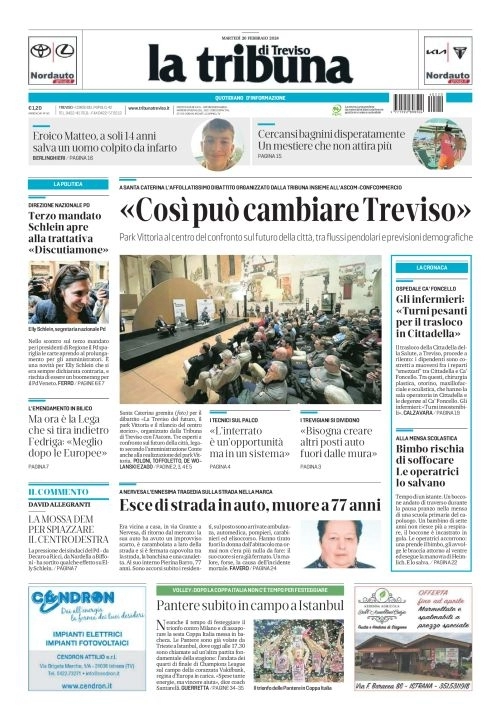 prima pagina - La Tribuna di Treviso del 19/02/2024