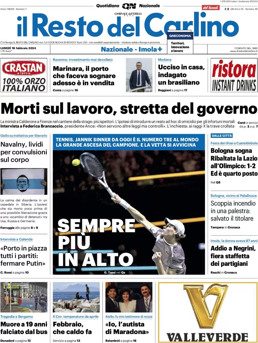 anteprima della prima pagina di il-resto-del-carlino del 19/02/2024