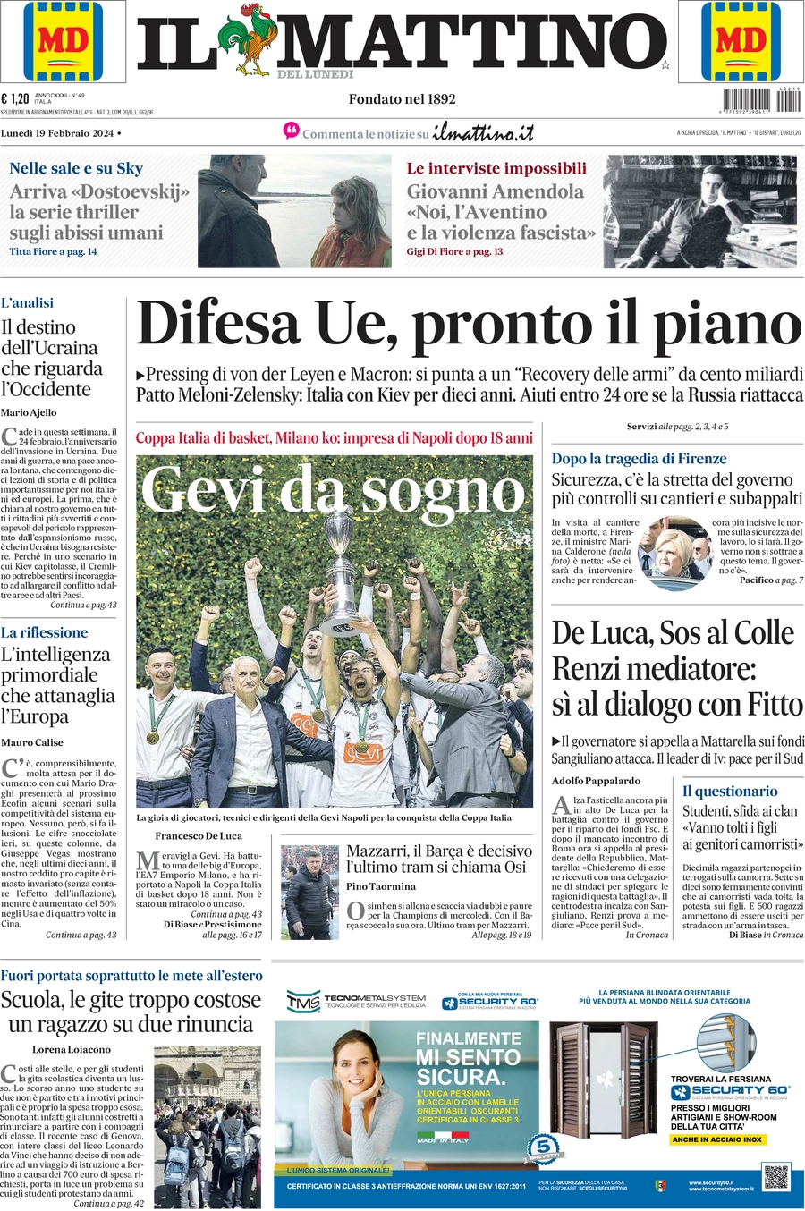 anteprima della prima pagina di il-mattino del 19/02/2024