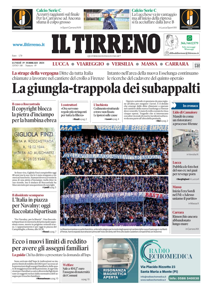 prima pagina - Il Tirreno (Lucca, Viareggio) del 19/02/2024