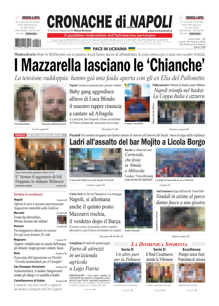 anteprima della prima pagina di cronache-di-napoli del 19/02/2024