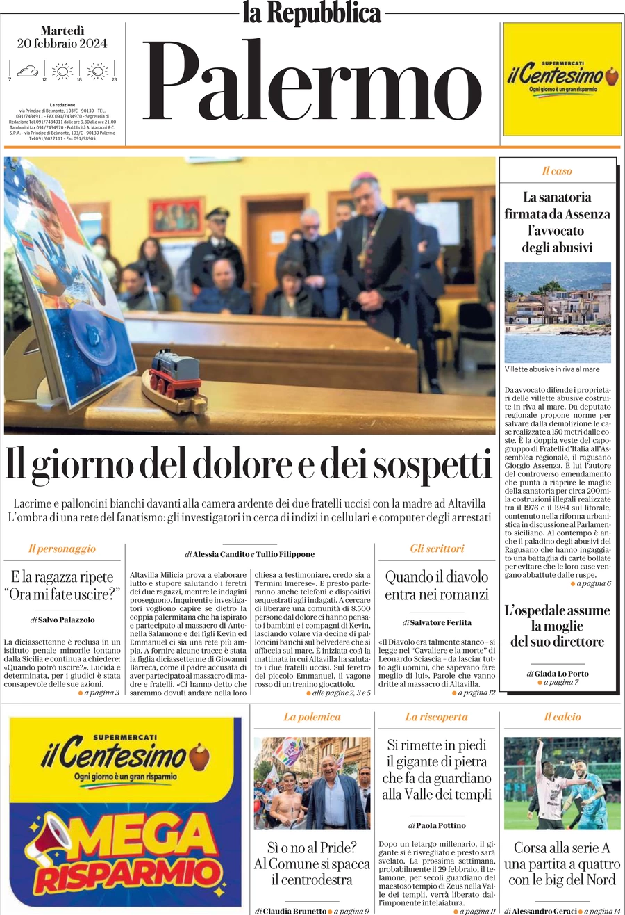 prima pagina - La Repubblica (Palermo) del 20/02/2024