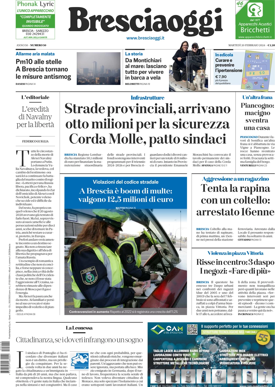 prima pagina - Brescia Oggi del 20/02/2024