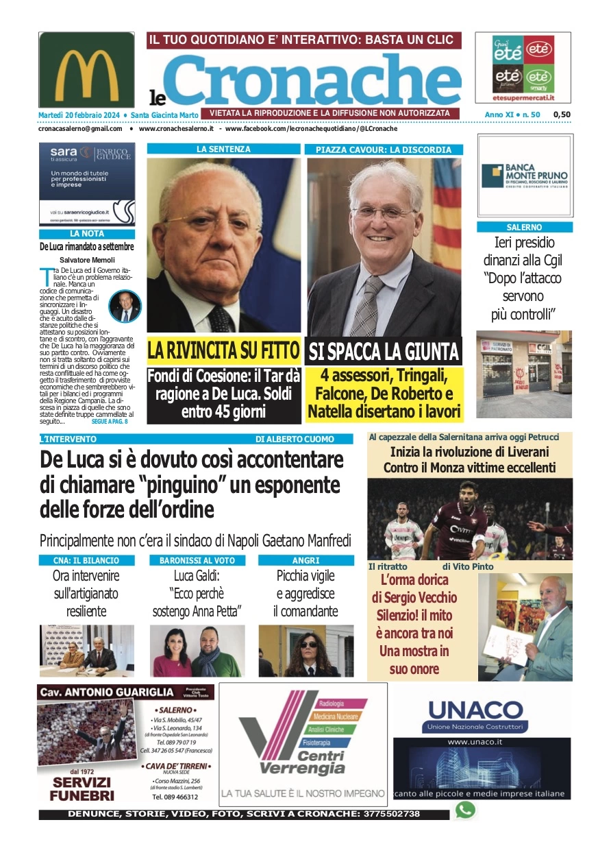 prima pagina - Le Cronache (Salerno) del 20/02/2024