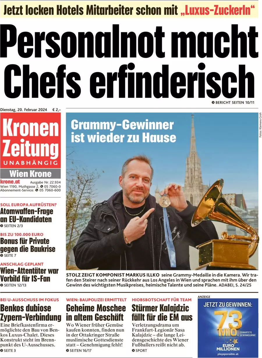 anteprima della prima pagina di kronen-zeitung del 20/02/2024