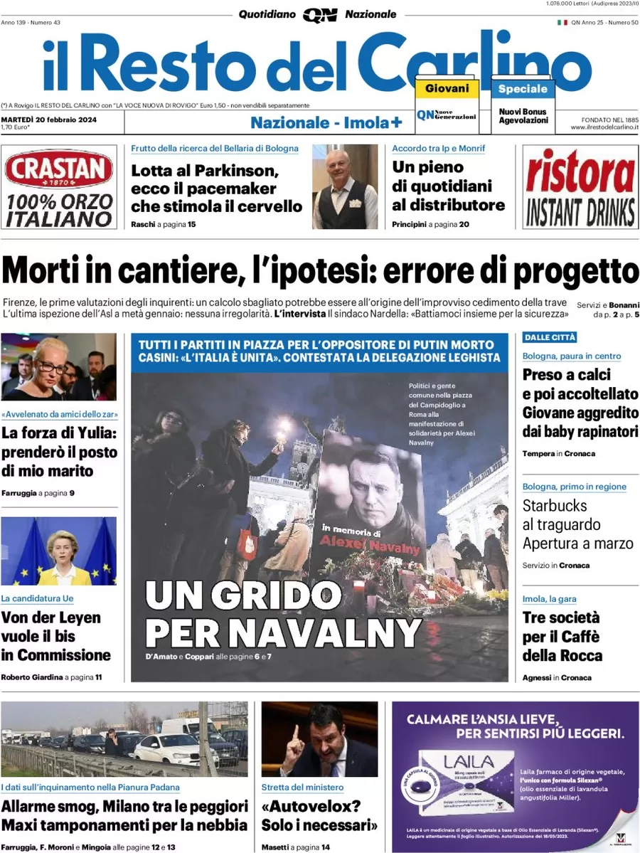 anteprima della prima pagina di il-resto-del-carlino del 20/02/2024