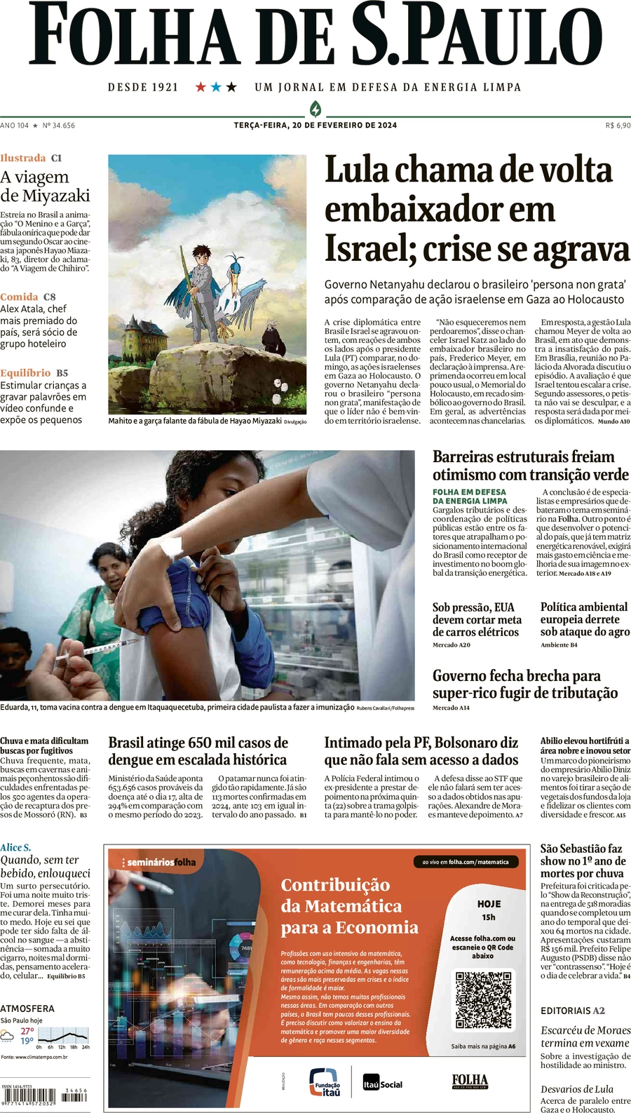 anteprima della prima pagina di folha-de-s.paulo del 20/02/2024