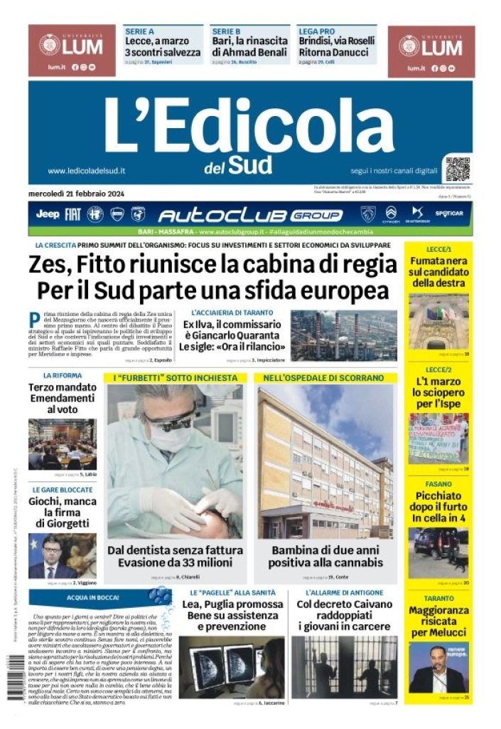 prima pagina - L'Edicola del Sud (Lecce) del 21/02/2024