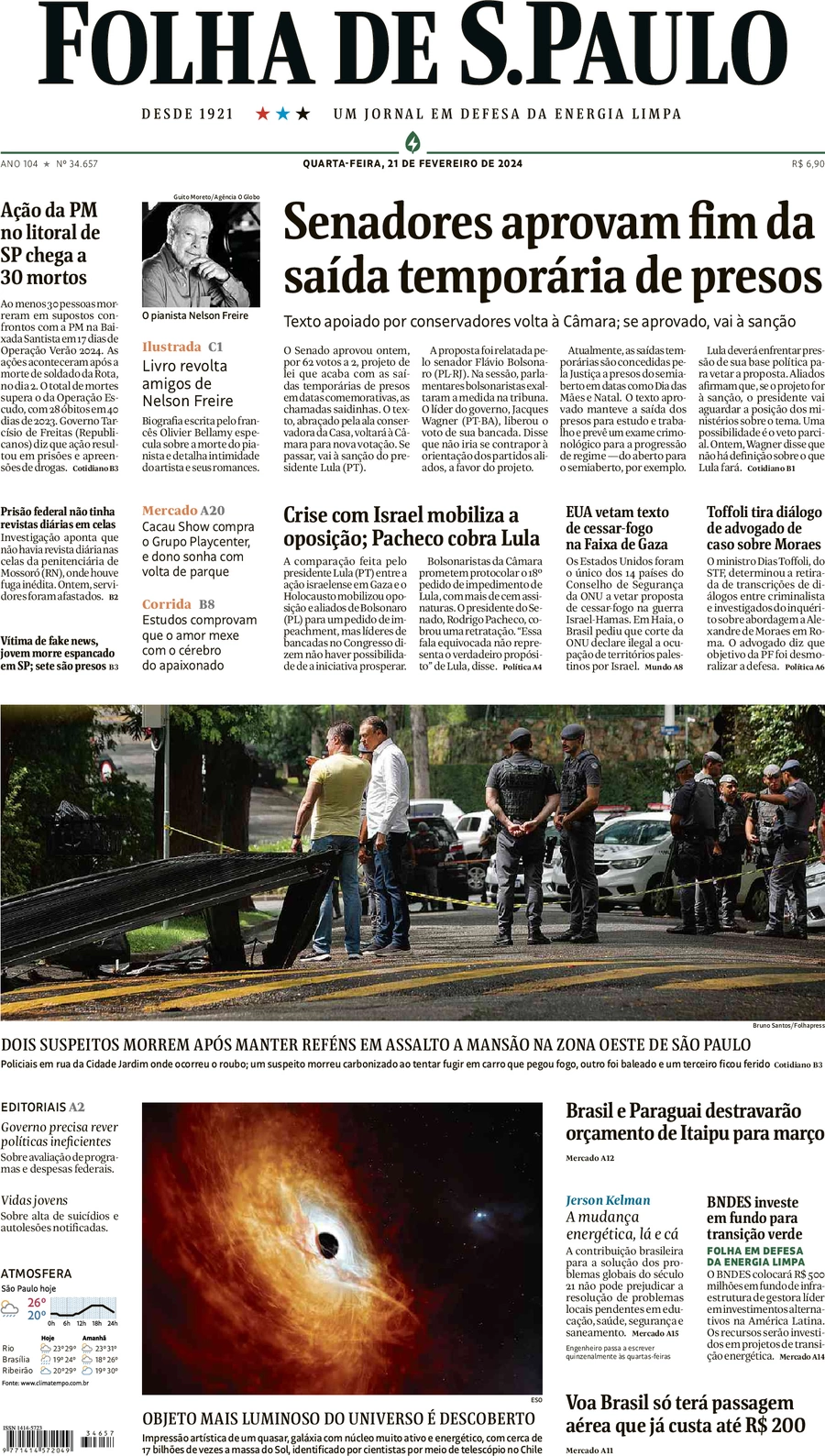 anteprima della prima pagina di folha-de-s.paulo del 21/02/2024