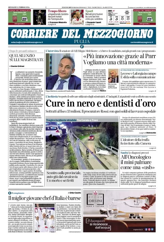 prima pagina - Corriere del Mezzogiorno (Puglia) del 21/02/2024