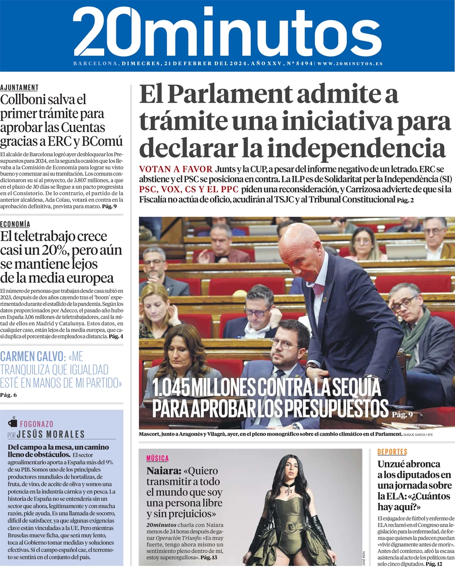 anteprima della prima pagina di 20-minutos-barcelona del 21/02/2024