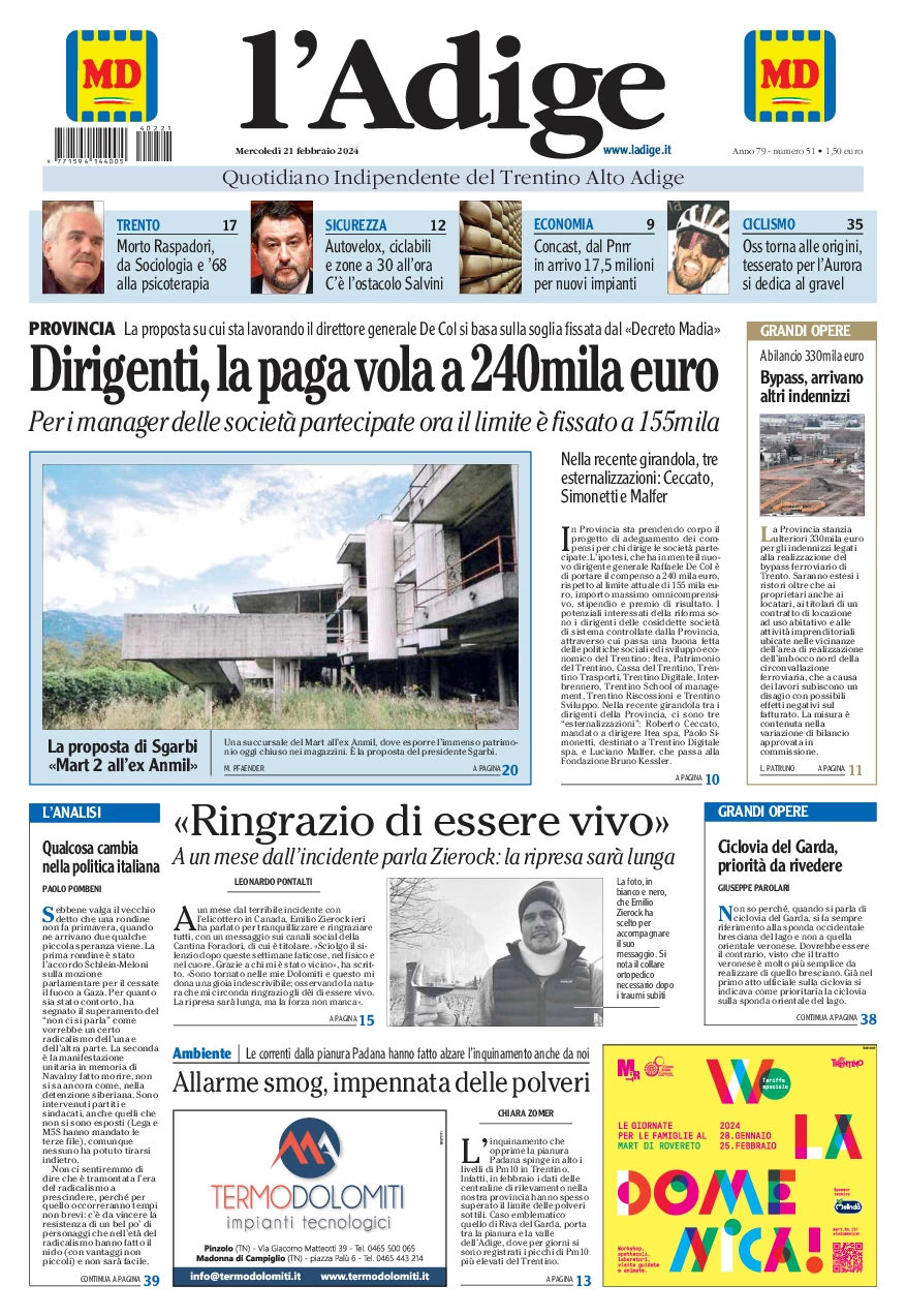 prima pagina - L'Adige del 21/02/2024