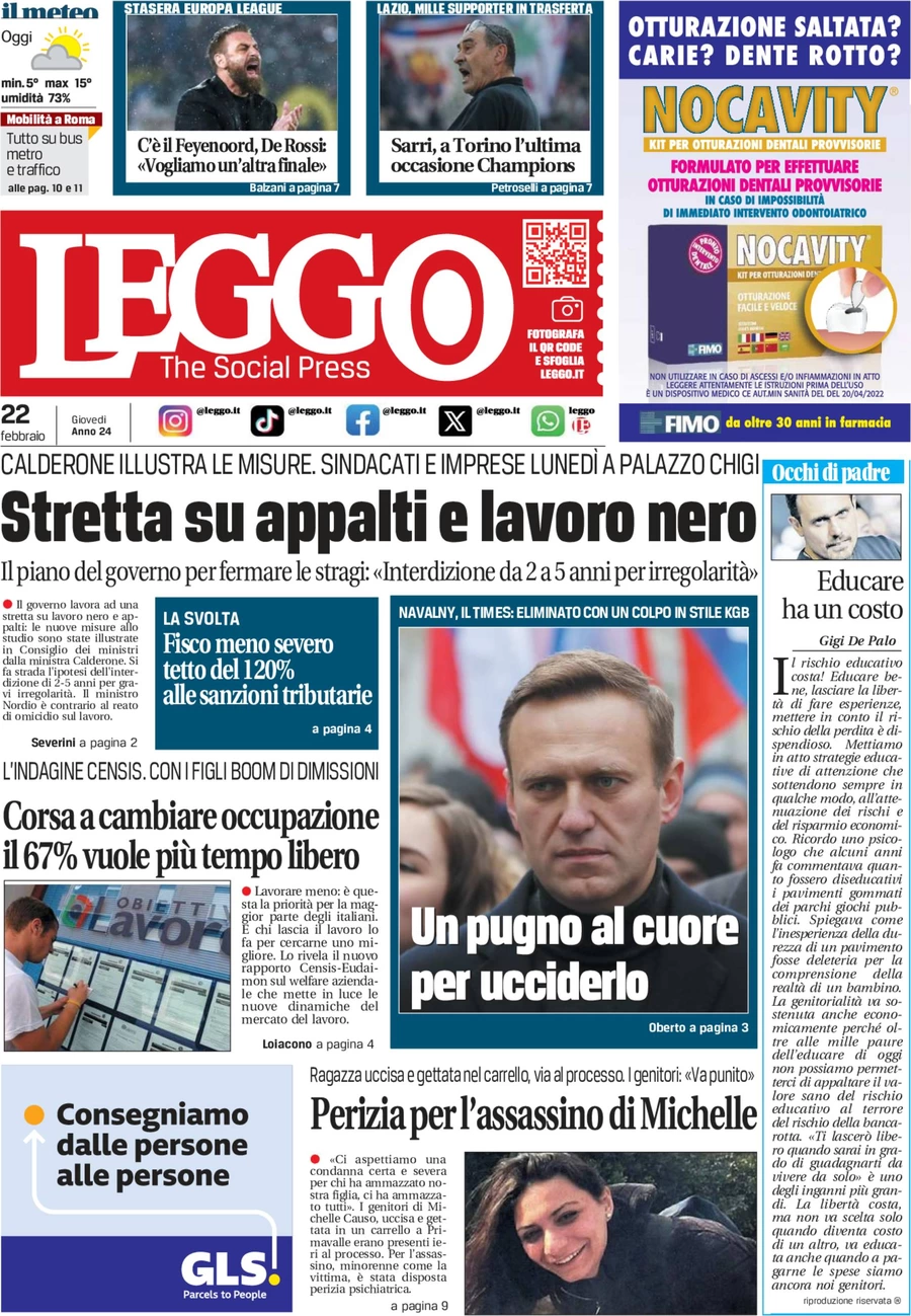 anteprima della prima pagina di leggo-roma del 21/02/2024