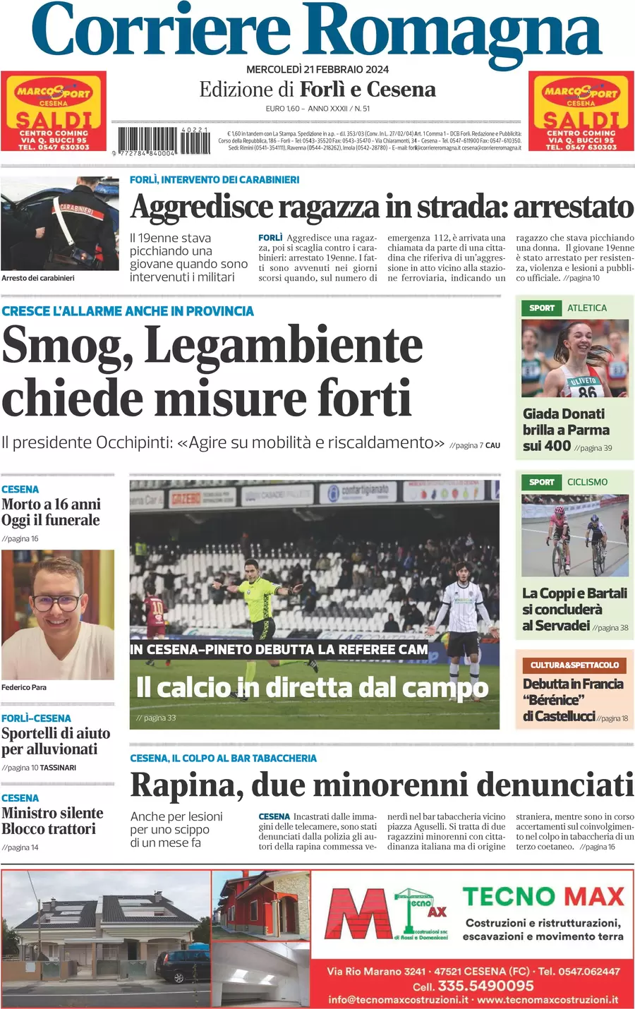 prima pagina - Corriere Romagna (Forl e Cesena) del 21/02/2024