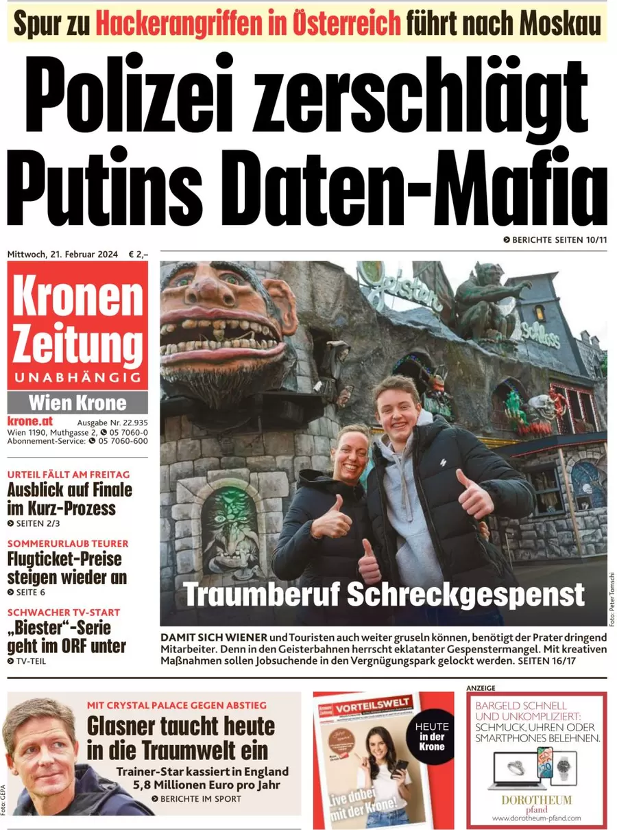 anteprima della prima pagina di kronen-zeitung del 21/02/2024