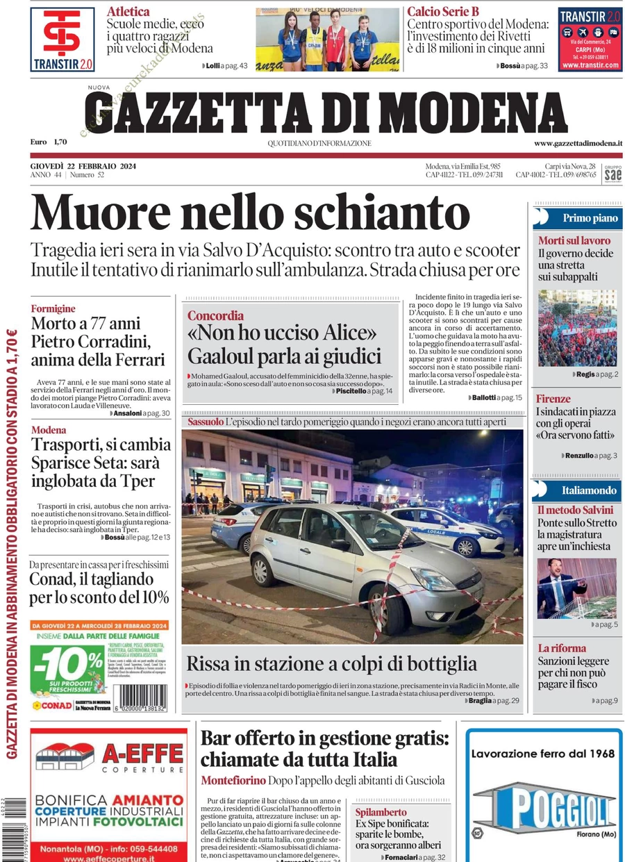 prima pagina - Gazzetta di Modena del 22/02/2024