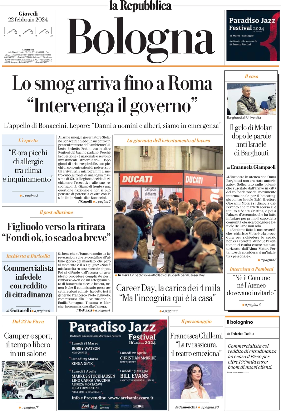 prima pagina - La Repubblica (Bologna) del 22/02/2024