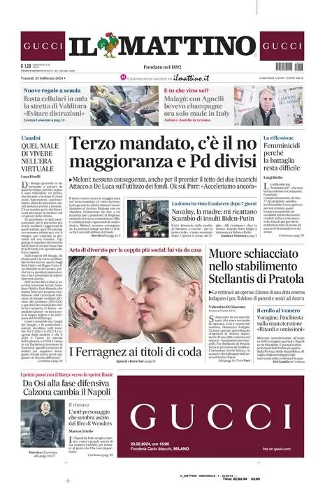 anteprima della prima pagina di il-mattino del 22/02/2024