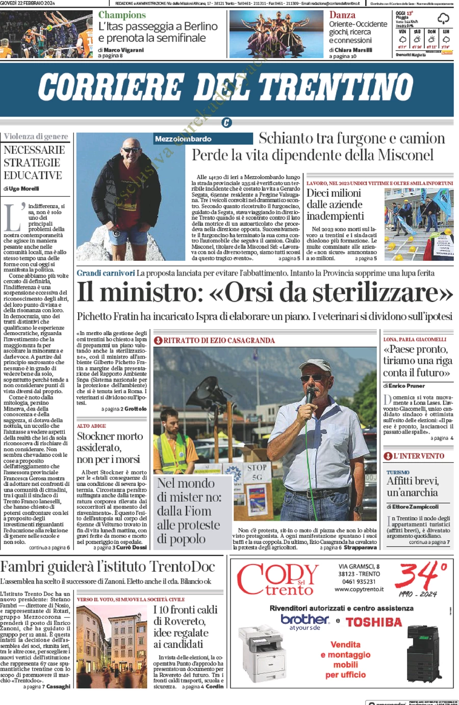 prima pagina - Corriere del Trentino del 22/02/2024