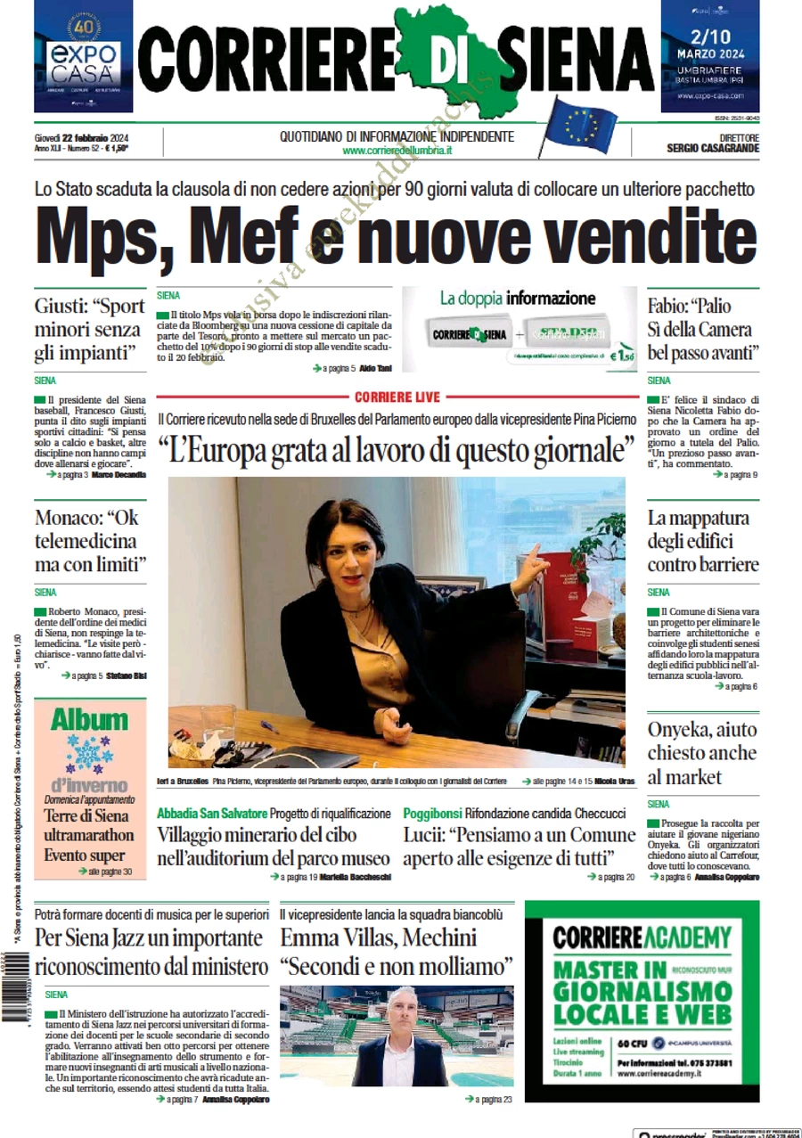 prima pagina - Corriere di Siena del 22/02/2024