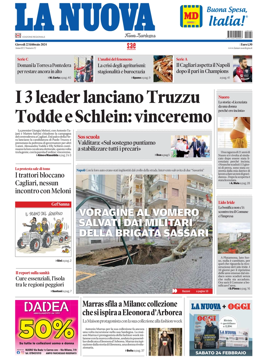 prima pagina - La Nuova Sardegna del 22/02/2024