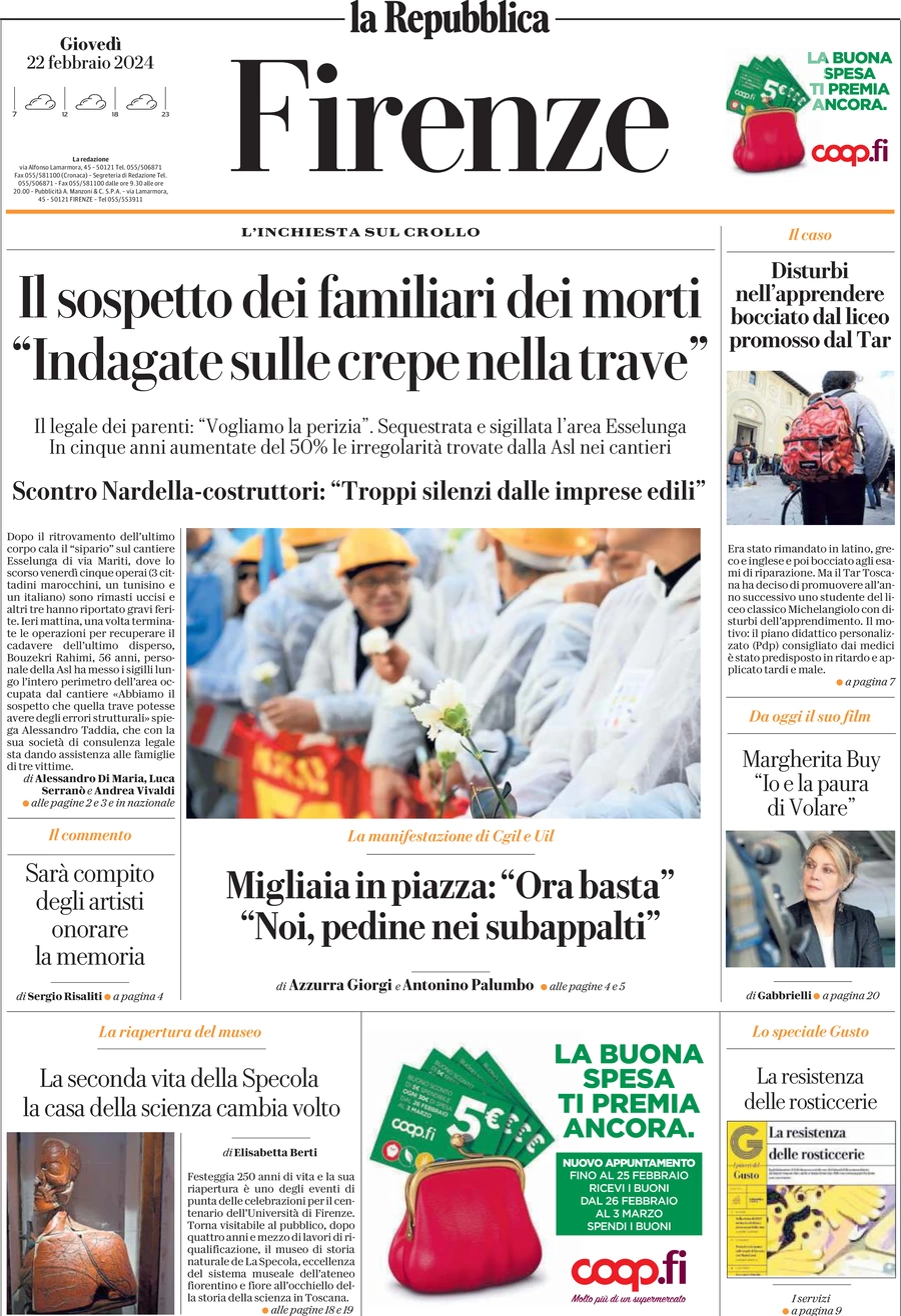 prima pagina - La Repubblica (Firenze) del 22/02/2024