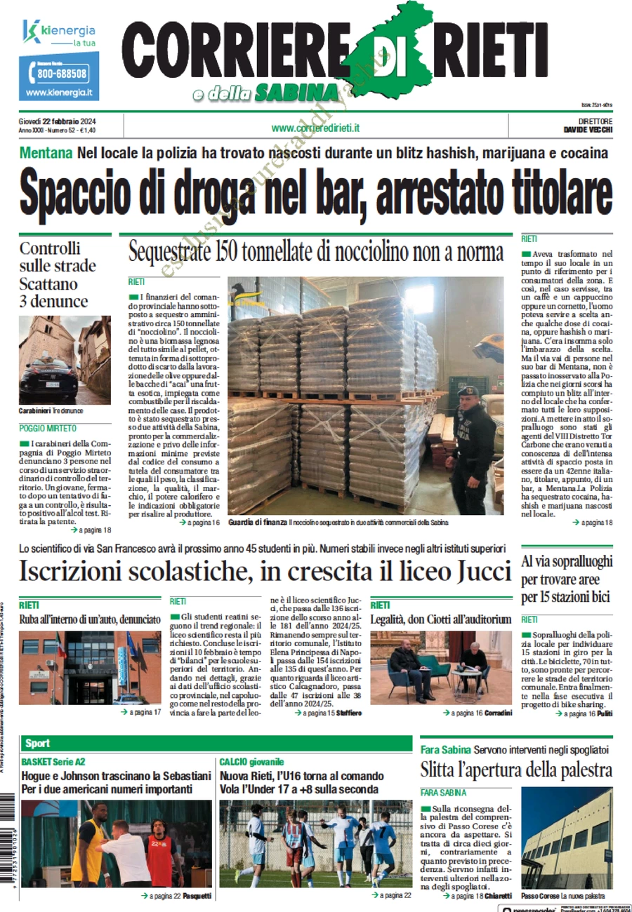 prima pagina - Corriere di Rieti e della Sabina del 22/02/2024